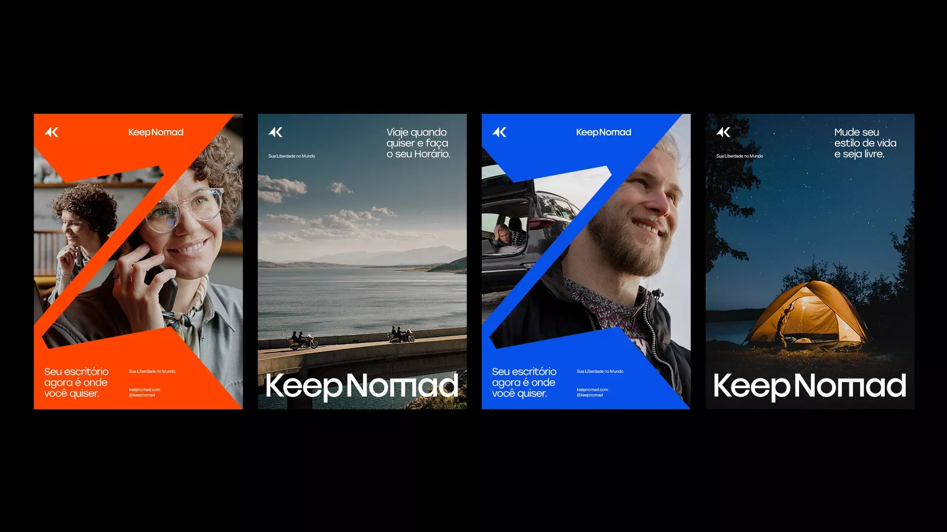 The image presents a series of cohesive promotional panels, utilizing high-contrast photography and bold typography to convey a sense of adventurous lifestyle and personal connection. The design balances warm, human elements with cool, expansive natural backdrops.