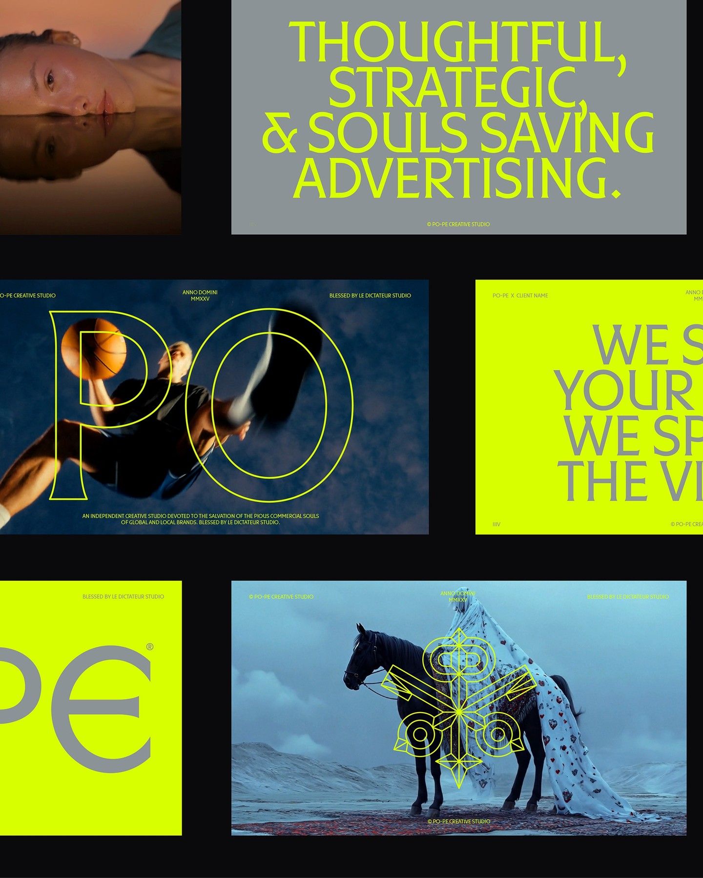 This is a set of professional branding graphics characterized by a bold yet sophisticated visual language, pairing deep, atmospheric gradients with high-contrast chartreuse accents. The design successfully conveys a sense of strategic depth and creative expertise through strong typography and symbolic iconography.