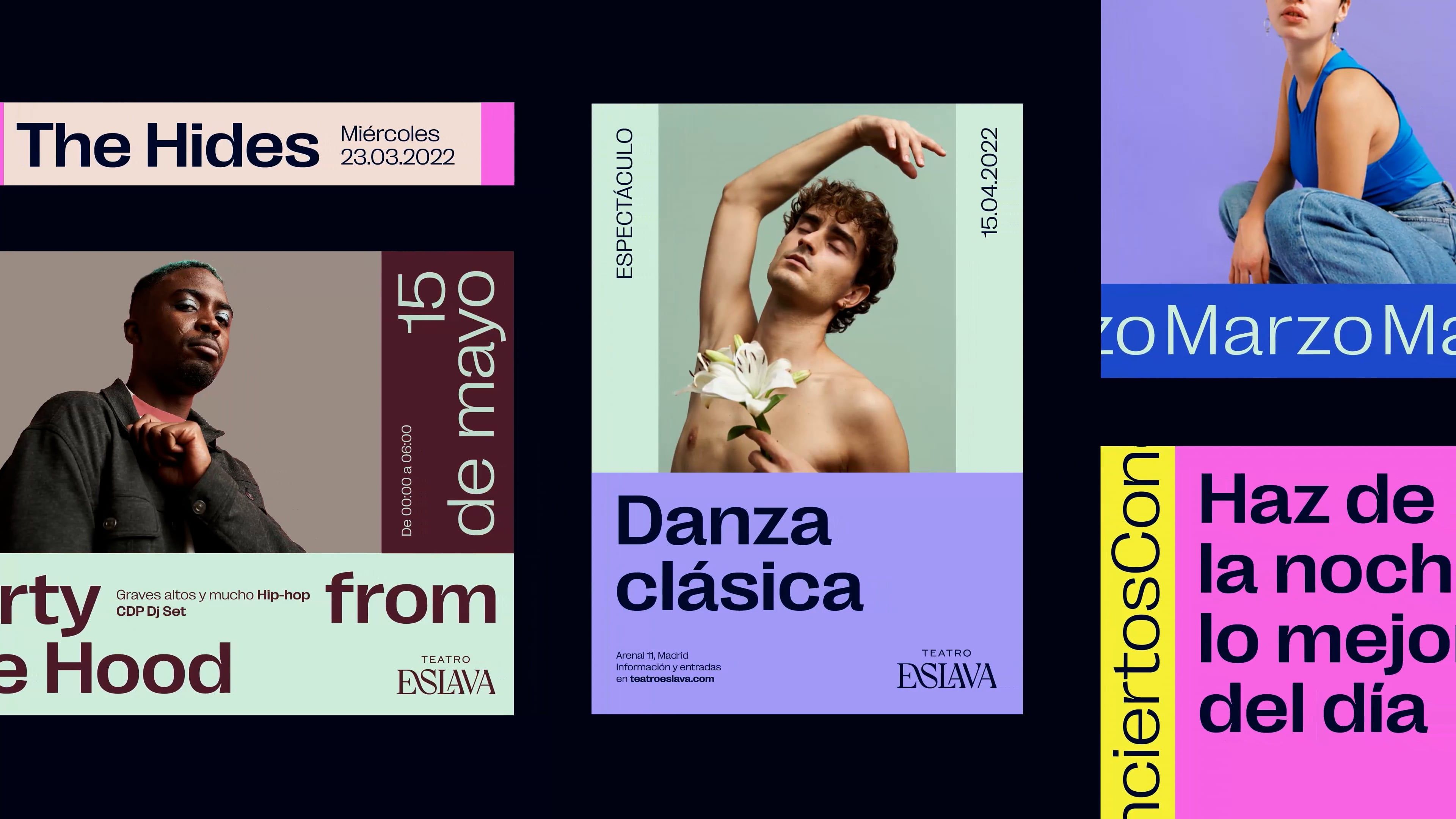 This image is a promotional collage featuring event listings, characterized by a modern, clean aesthetic with strong use of negative space and muted, sophisticated colors. The design balances bold typography with high-quality photography to create an engaging yet professional visual hierarchy.