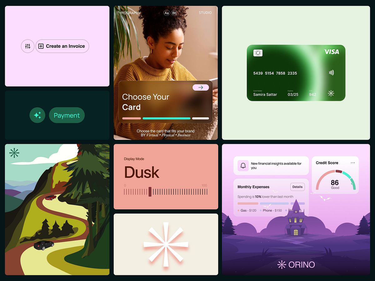 This collection of screens demonstrates a modern, clean user interface design that successfully blends functional UI elements with soft, organic imagery. The visual language relies heavily on subtle gradients and a cohesive palette of cool tones to create a professional and trustworthy feel.