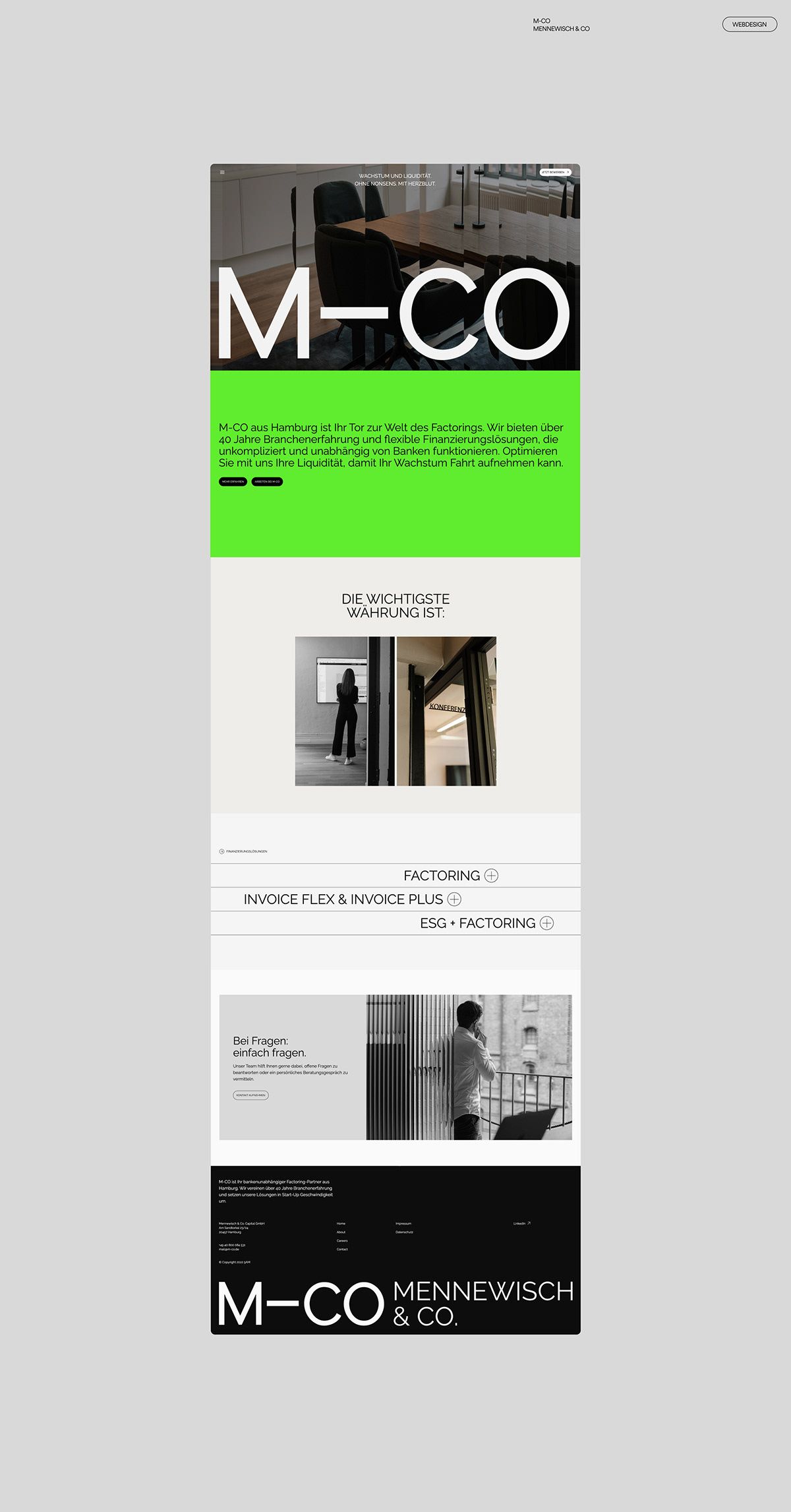 A modern, minimalist website design for M-CO, a design or architecture studio, featuring bold typography, strategic use of negative space, and a striking neon green accent bar. The layout employs a vertical scrolling structure with alternating image and text blocks, creating a clean, professional aesthetic typical of contemporary design portfolios.