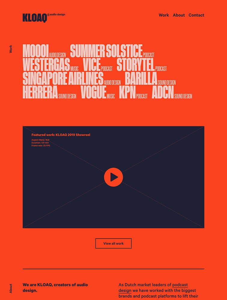The design utilizes a bold, high-contrast visual language dominated by vibrant orange and deep black tones, lending a strong editorial feel. The layout is clean, minimalist, and relies on generous negative space to highlight the text hierarchy and featured work.