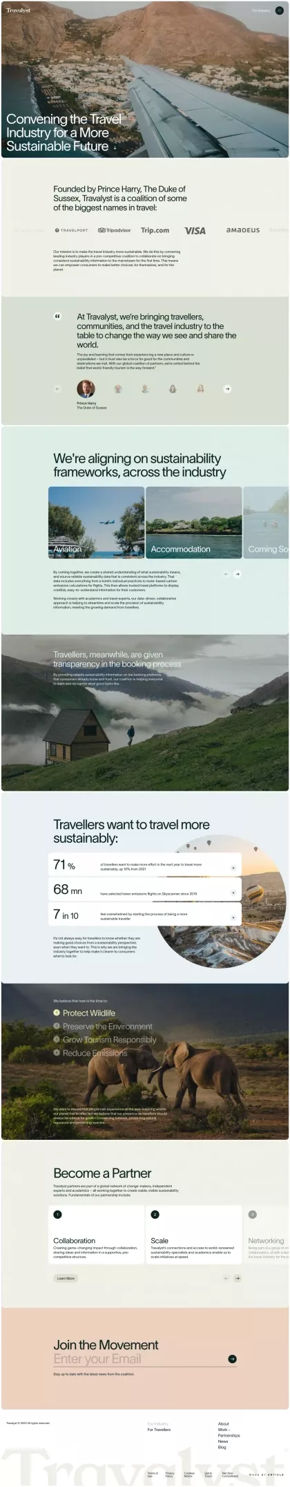 The design employs a clean, minimalist aesthetic with ample white space and muted, earthy tones to convey trust and sustainability. The layout is structured using horizontal sections and high-quality photography to tell a story about industry alignment and partnership.