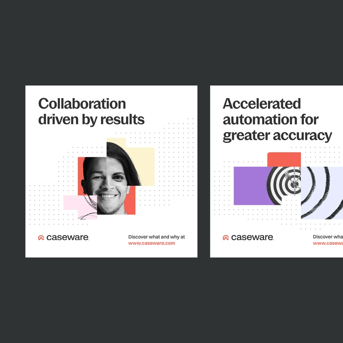 This design utilizes a clean, modern visual language characterized by ample negative space and clear separation between informational panels. The style is professional, utilizing strong typography and subtle, colorful geometric accents to convey efficiency and innovation.