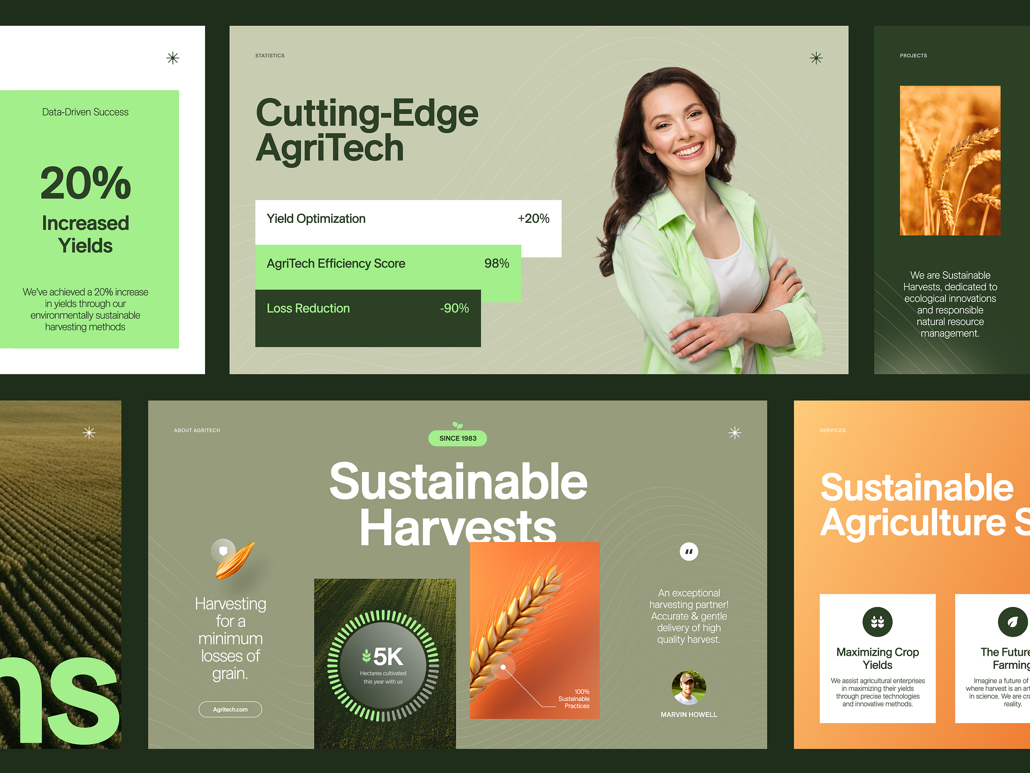 The design employs a clean, modern, and professional aesthetic using muted greens and earthy tones to convey themes of agricultural efficiency and sustainability. The layout is structured with clear section divisions, utilizing large typography for key metrics alongside high-quality photographic elements.