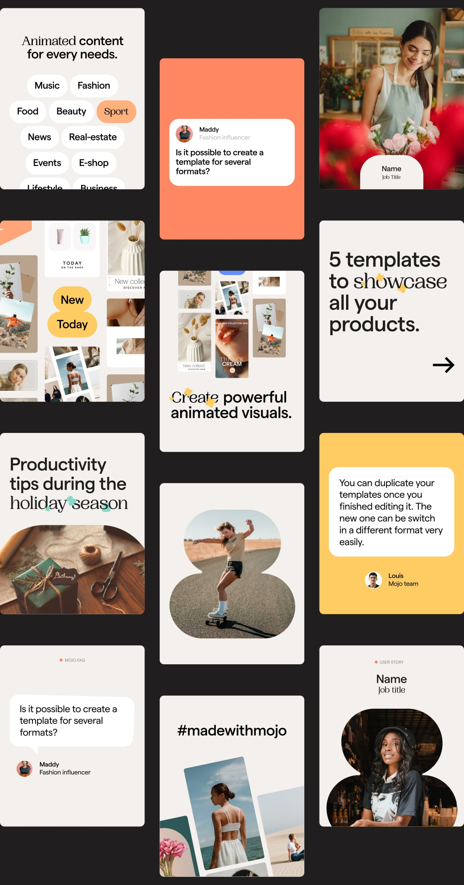 The image is a collage of various digital templates, likely for social media or marketing, showcasing diverse design concepts. The overall aesthetic is clean, modern, and functional, emphasizing visual appeal for product showcases and content creation.