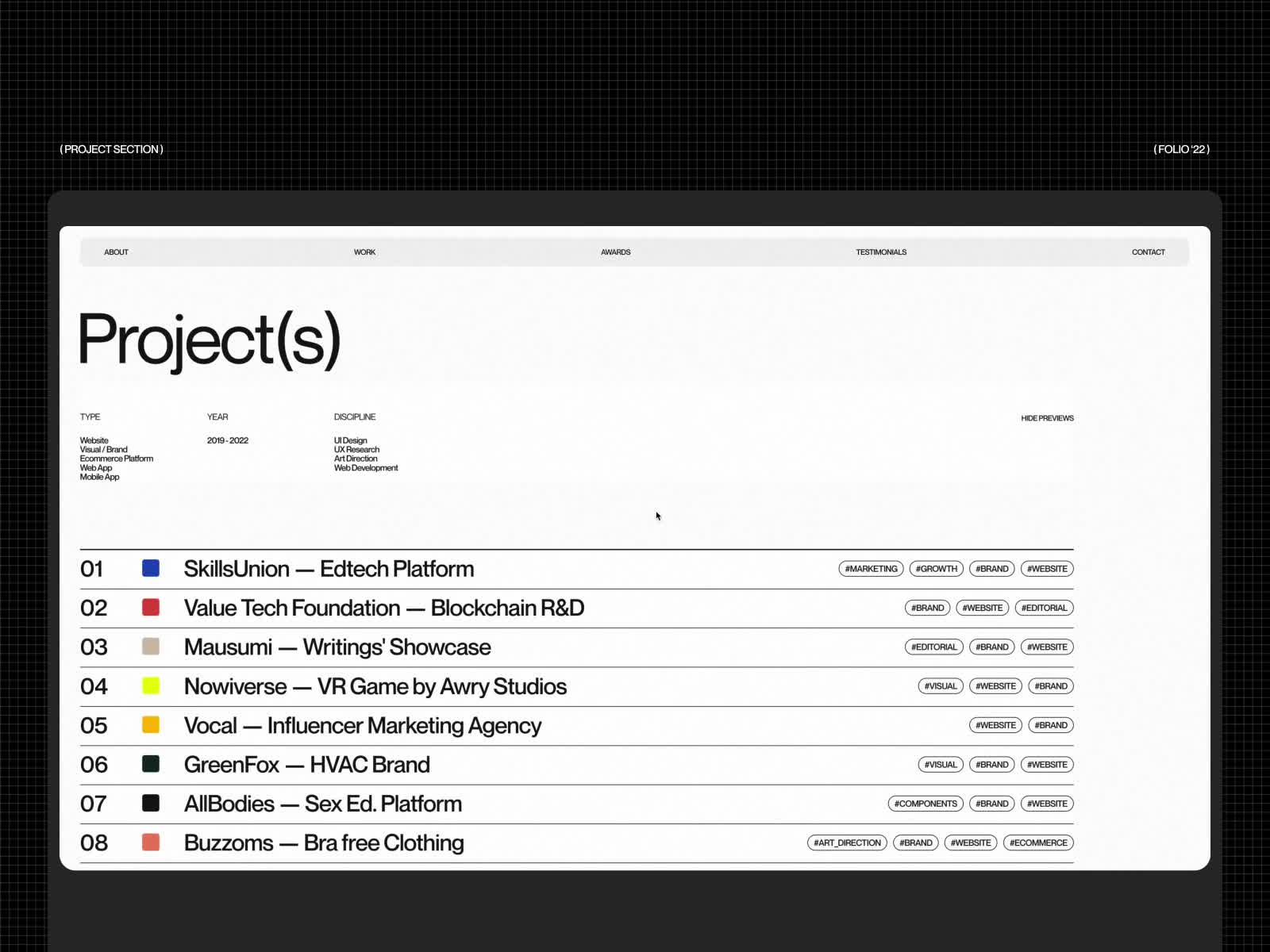 This interface presents a highly structured and minimalist portfolio view, utilizing a clean grid layout to organize project data efficiently. The visual language is professional and academic, relying on ample negative space and clear typography to ensure readability and focus on the content.