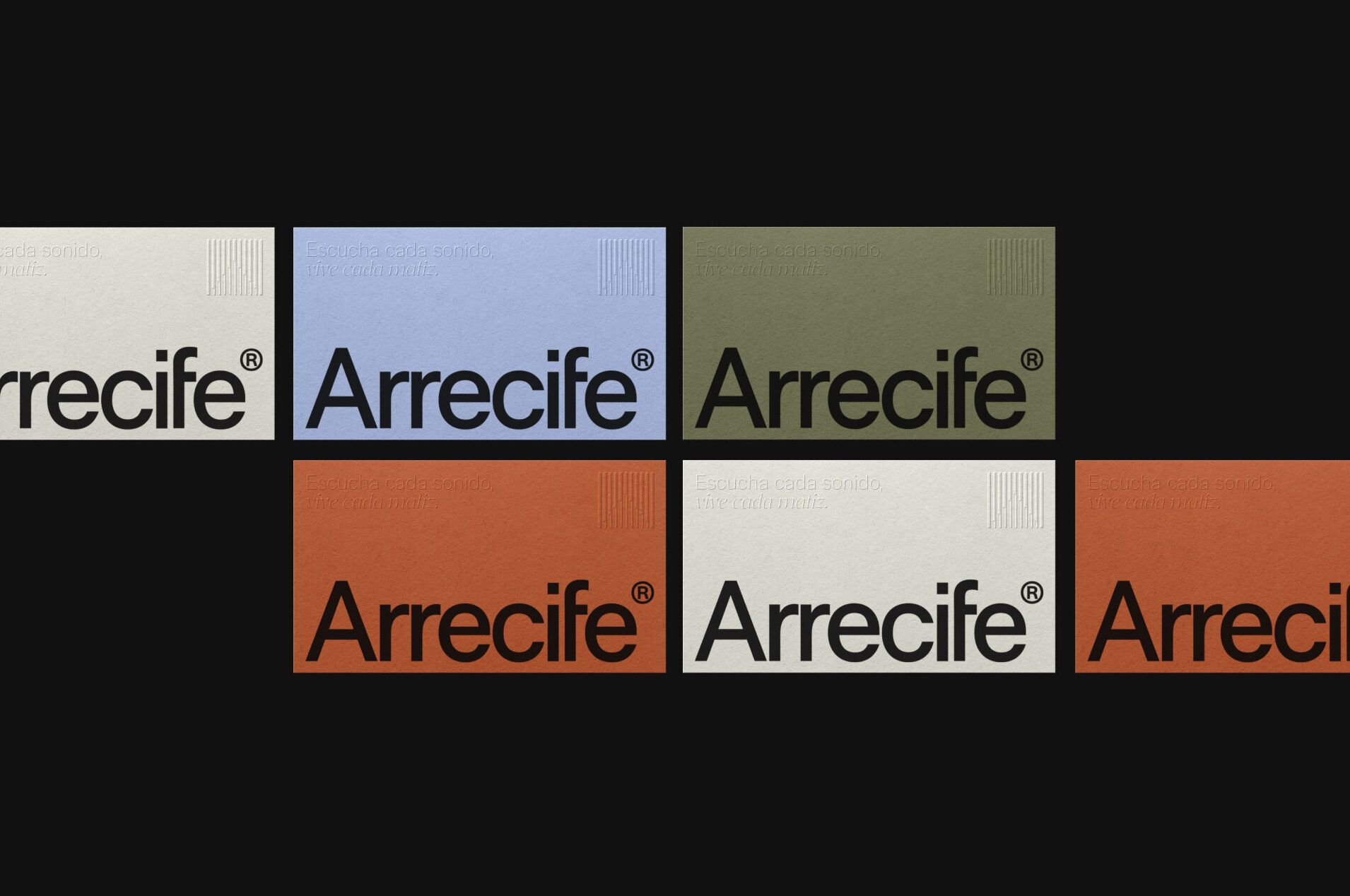 This visual identity employs a clean, layered design utilizing soft, muted color blocks to present the Arrecife brand across three distinct sections. The layout is modern and structured, emphasizing clarity and professionalism through the strategic use of color contrast and consistent typography.