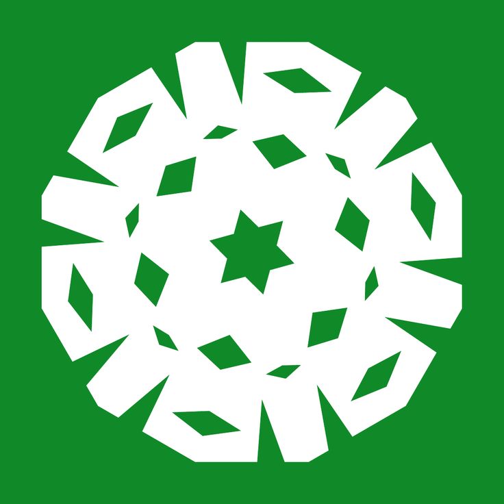 This is a complex, radially symmetric geometric pattern composed of white, star-like or diamond shapes arranged around a central point against a solid green background. The design conveys a sense of precision, balance, and intricate detail.