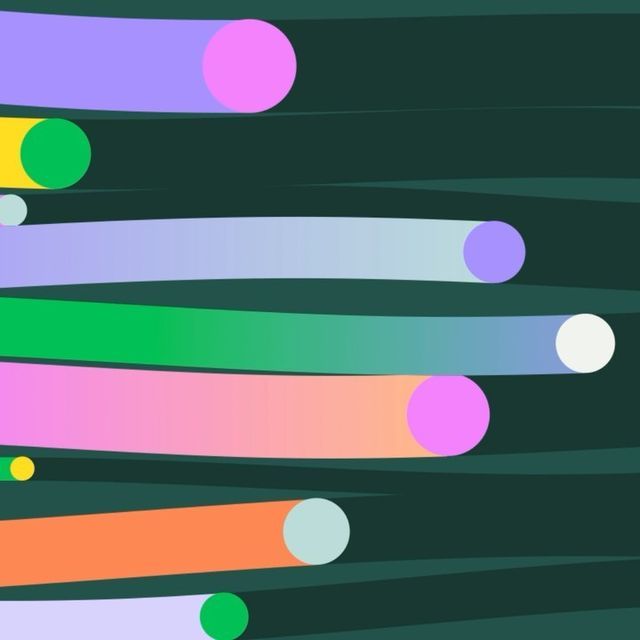 This design utilizes a vibrant yet muted color palette against a deep, dark background to create a modern and abstract visual rhythm. The composition relies on elongated, linear elements with soft color transitions and circular accents, suggesting a clean, contemporary aesthetic.