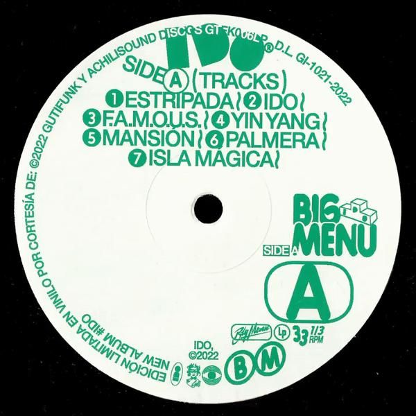 This design utilizes a clean, high-contrast visual language, pairing stark white with vibrant green typography to convey clear track information. The layout is highly structured and functional, characteristic of promotional material for the music or vinyl industry.