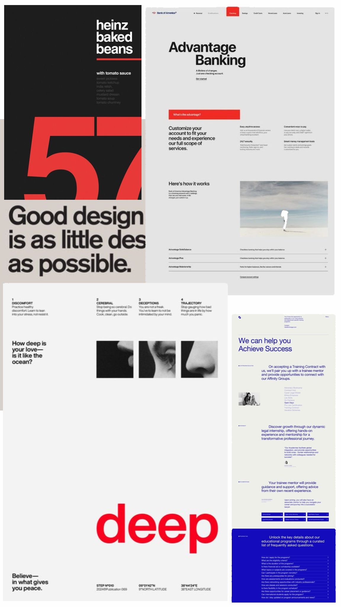 A modern design portfolio or case study collection showcasing minimalist Swiss-style graphic design with bold typography and strategic use of negative space. The layout demonstrates contemporary design principles through clean grids, high contrast elements, and purposeful hierarchy across multiple project examples.