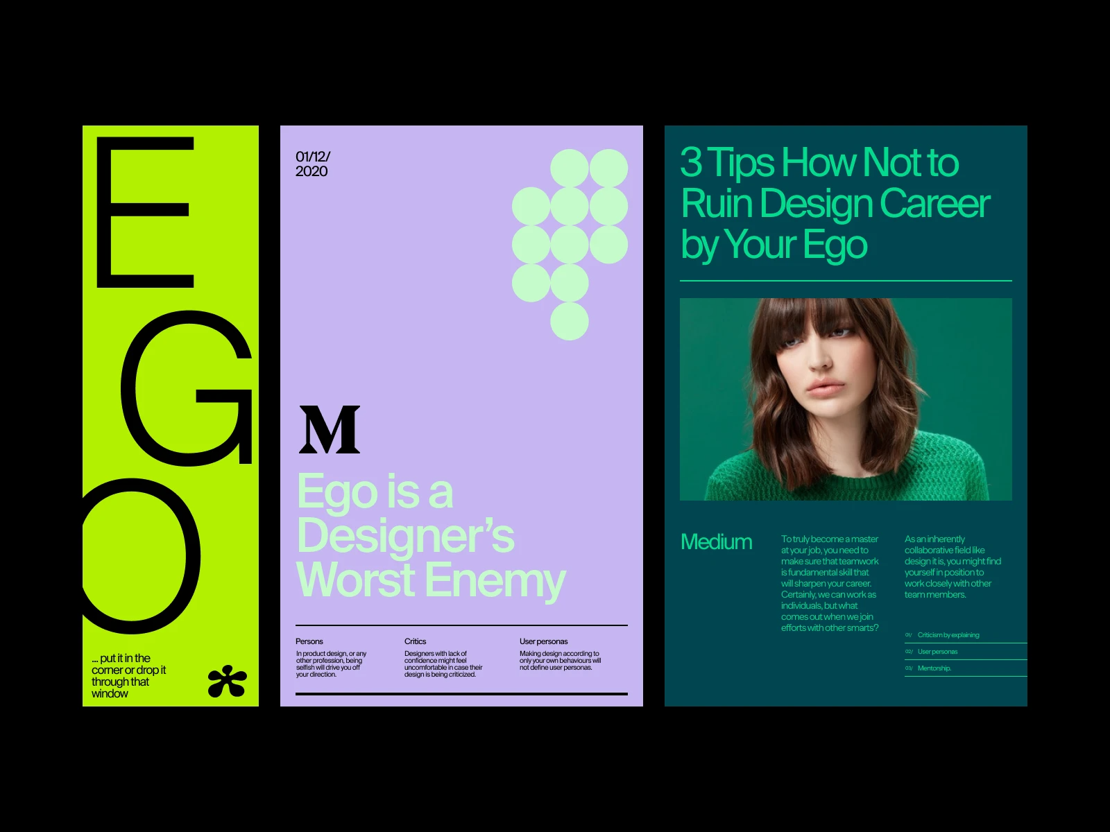 The design features a modern, high-contrast editorial style utilizing bold geometric shapes and strong color blocking. It effectively uses negative space and typography to create a serious, professional tone suitable for career advice in the design industry.