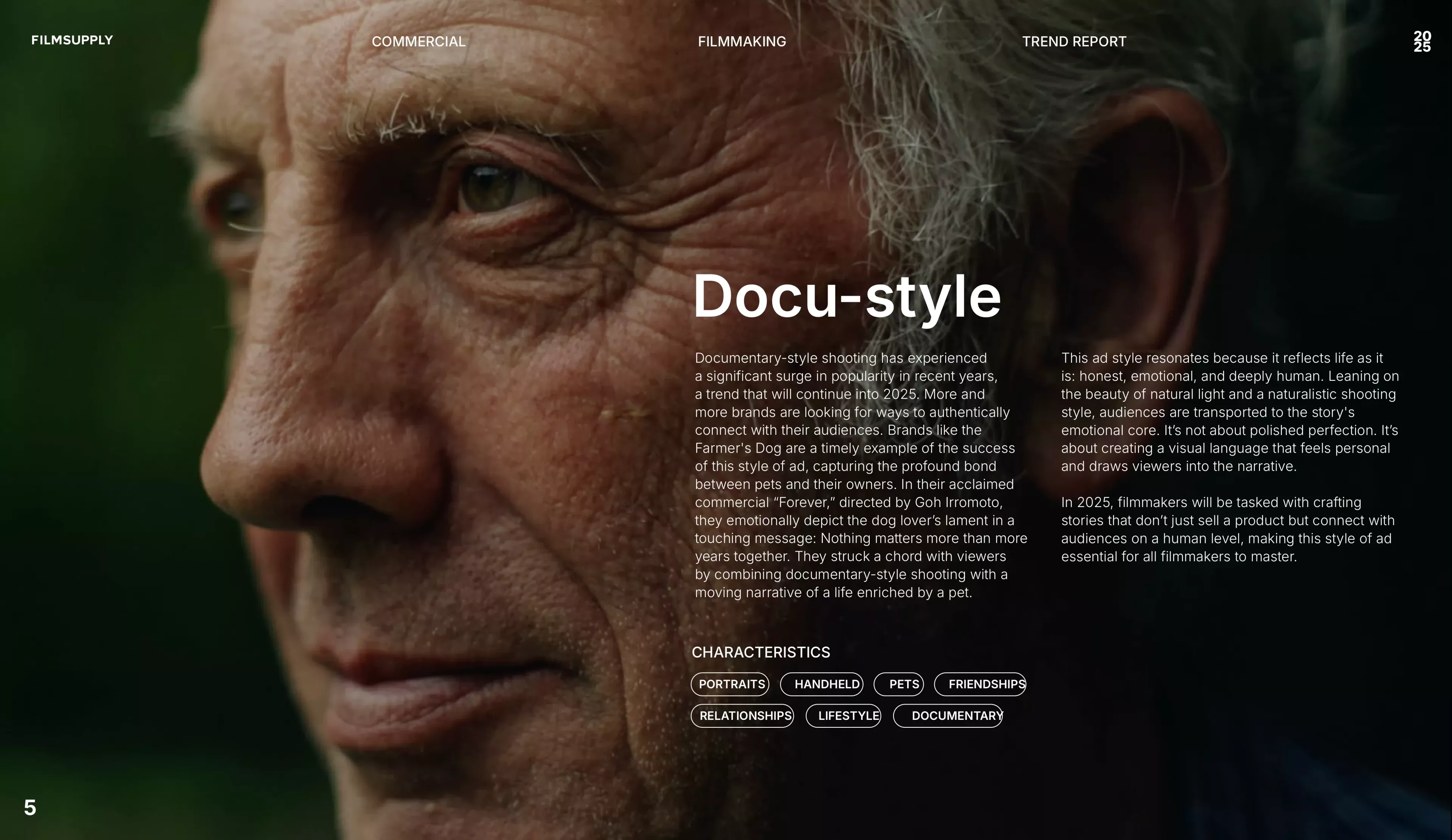 A sophisticated documentary-style website featuring a close-up portrait of an elderly man with weathered features, paired with minimalist typography and descriptive text. The design employs a refined, editorial aesthetic that emphasizes authenticity and human storytelling through high-quality photography and restrained layout.