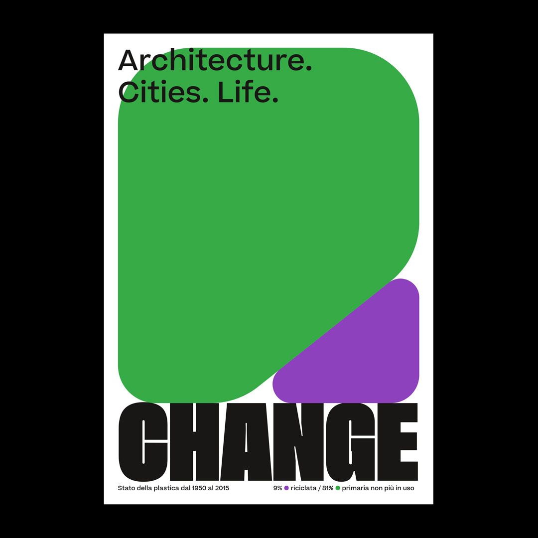 This graphic uses bold color blocking and high contrast to present an analytical statement about material change. The design employs a clean, modern aesthetic with large geometric shapes to visually represent the concept of 'CHANGE.' The composition is stark yet vibrant, effectively drawing attention to the statistical data presented.