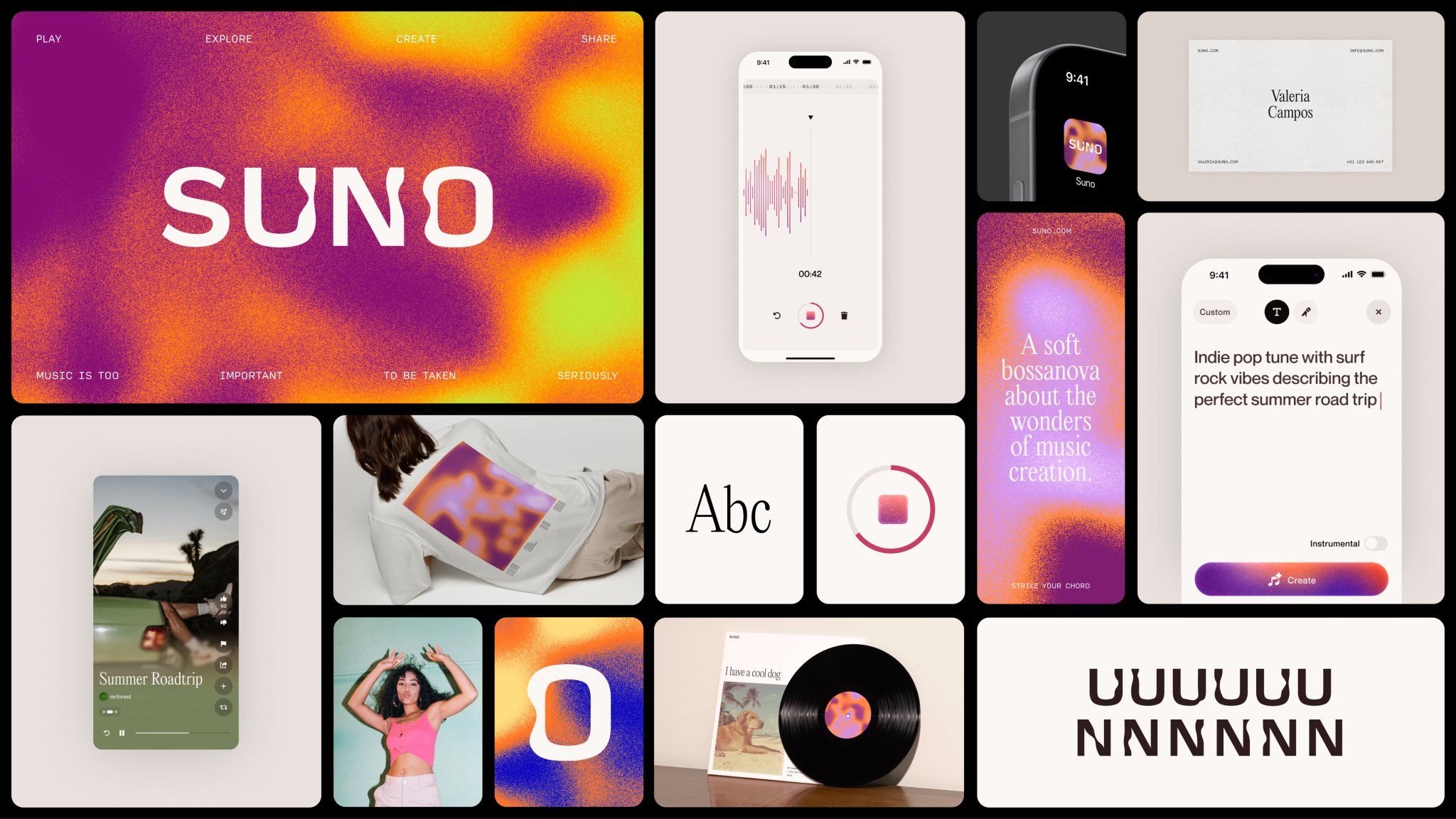 The image presents a diverse collection of visual assets, likely promotional or interface mockups for a music platform named SUNO. The design utilizes vibrant gradients, clean typography, and modern UI elements to convey a creative, digital, and energetic atmosphere.