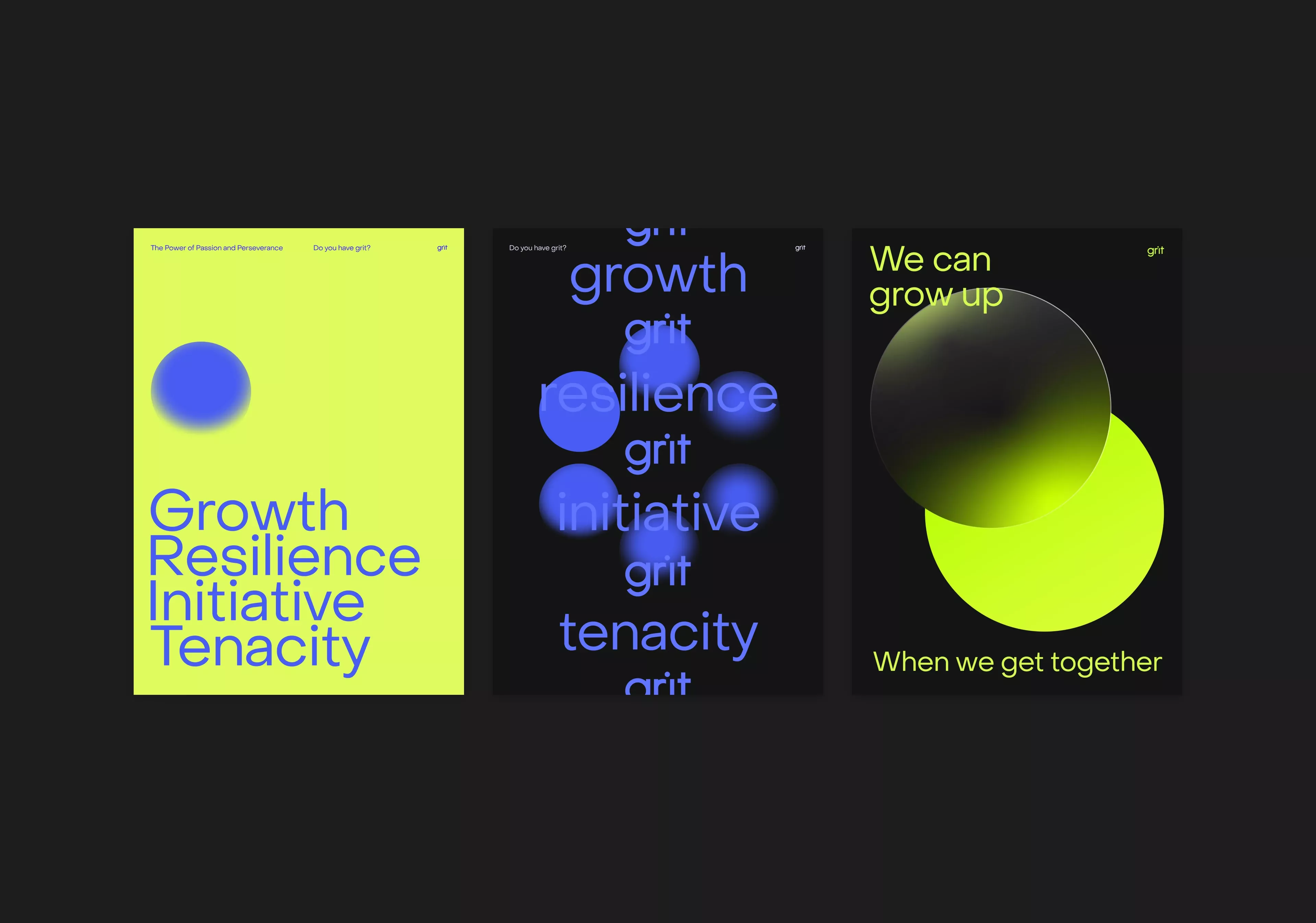 This set of visuals employs a clean, modular design utilizing high contrast between dark backgrounds and bright, symbolic colors to convey themes of inner strength and development. The use of overlapping circles and gradients adds a dynamic, organic quality to the conceptual messaging.