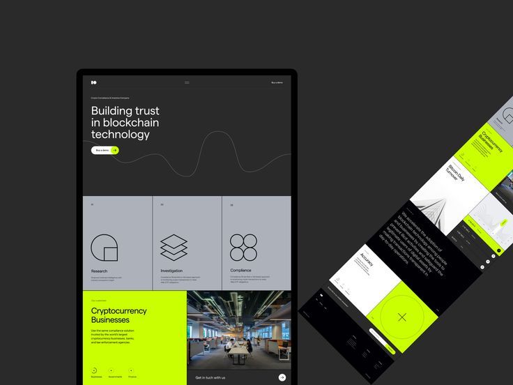 The design features a clean, modern, and professional aesthetic dominated by muted grays and vibrant lime green accents. It uses simple geometric icons and a minimalist layout to convey trust and technological expertise effectively.