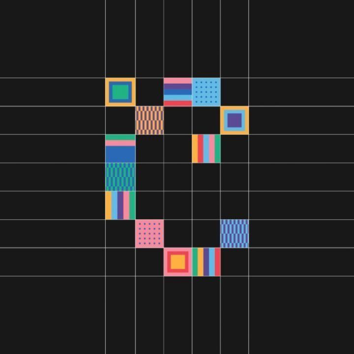 A minimalist digital composition featuring scattered colorful pixel-art squares arranged on a dark grid background. The design employs a retro-futuristic aesthetic with bold geometric forms and vibrant neon-inspired colors contrasting sharply against the charcoal grid structure.