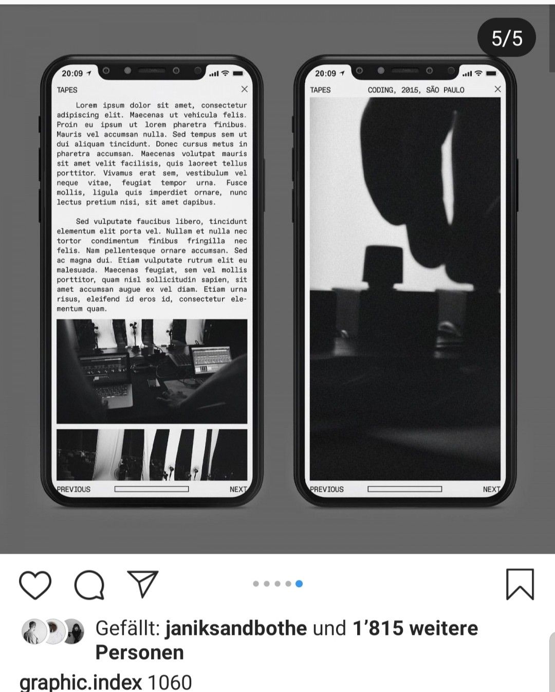 The image displays a clean, minimalist interface design, likely from a mobile application or gallery, featuring two side-by-side photographic previews. The design emphasizes high contrast and a dark theme, suggesting a focus on visual content presentation.