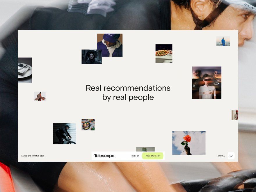 This design presents a clean, minimalist interface focused on showcasing user-generated recommendations through a structured grid layout. The visual language balances professional typography and high-quality, diverse photography to build trust and engagement. The overall feel is modern, trustworthy, and highly focused on content delivery.