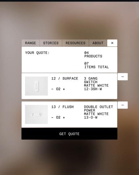 The image displays a clean, functional interface for requesting product quotes, characterized by a minimalist and structured layout. The design emphasizes clear categorization of items (like 'SURFACE' or 'FLUSH') and precise item codes, suggesting a focus on technical or B2B interaction.