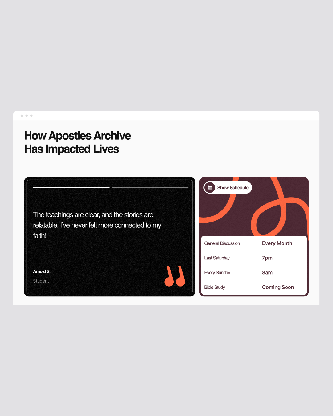 The design features a clean, modern aesthetic utilizing strong contrast between dark and light elements. The layout effectively separates testimonial content from scheduling information using distinct card designs and vibrant accent colors.