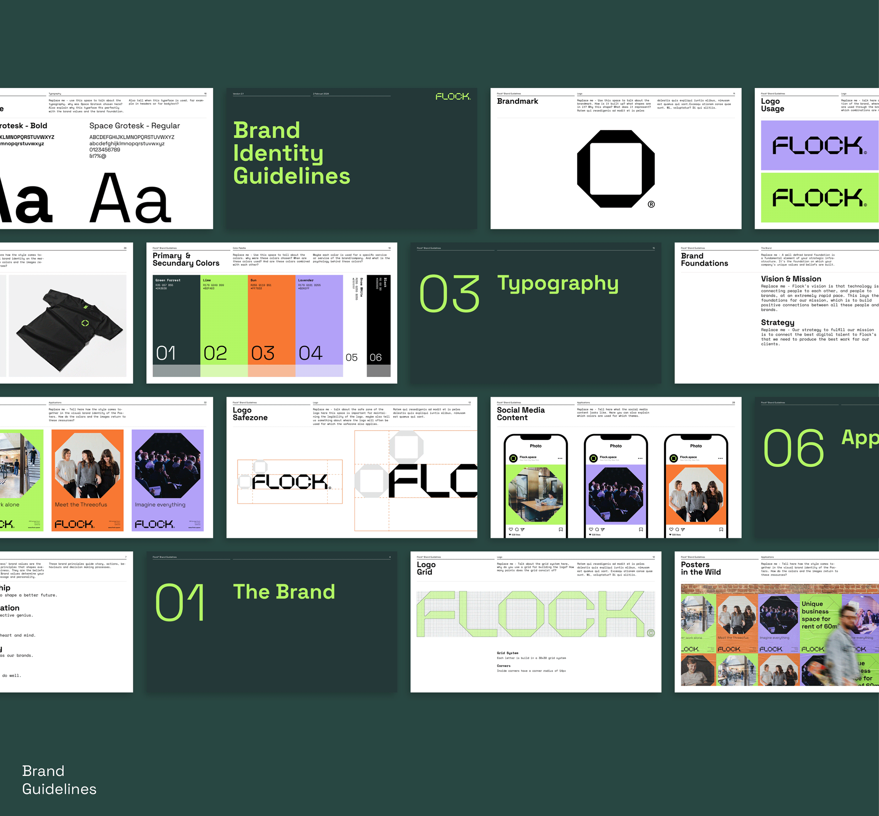 This is a highly structured and clean presentation of brand identity guidelines, utilizing a dark, muted color palette contrasted with crisp white text. The design emphasizes clarity, hierarchy, and professional branding through a modular grid layout.