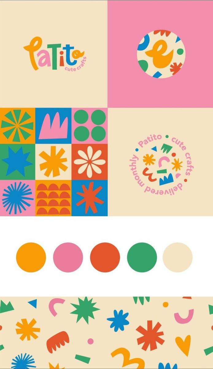 This is a vibrant, playful pattern characterized by simple geometric shapes and soft, muted colors, creating an inviting and cheerful aesthetic. The design utilizes a grid structure to organize diverse decorative elements into a cohesive whole.