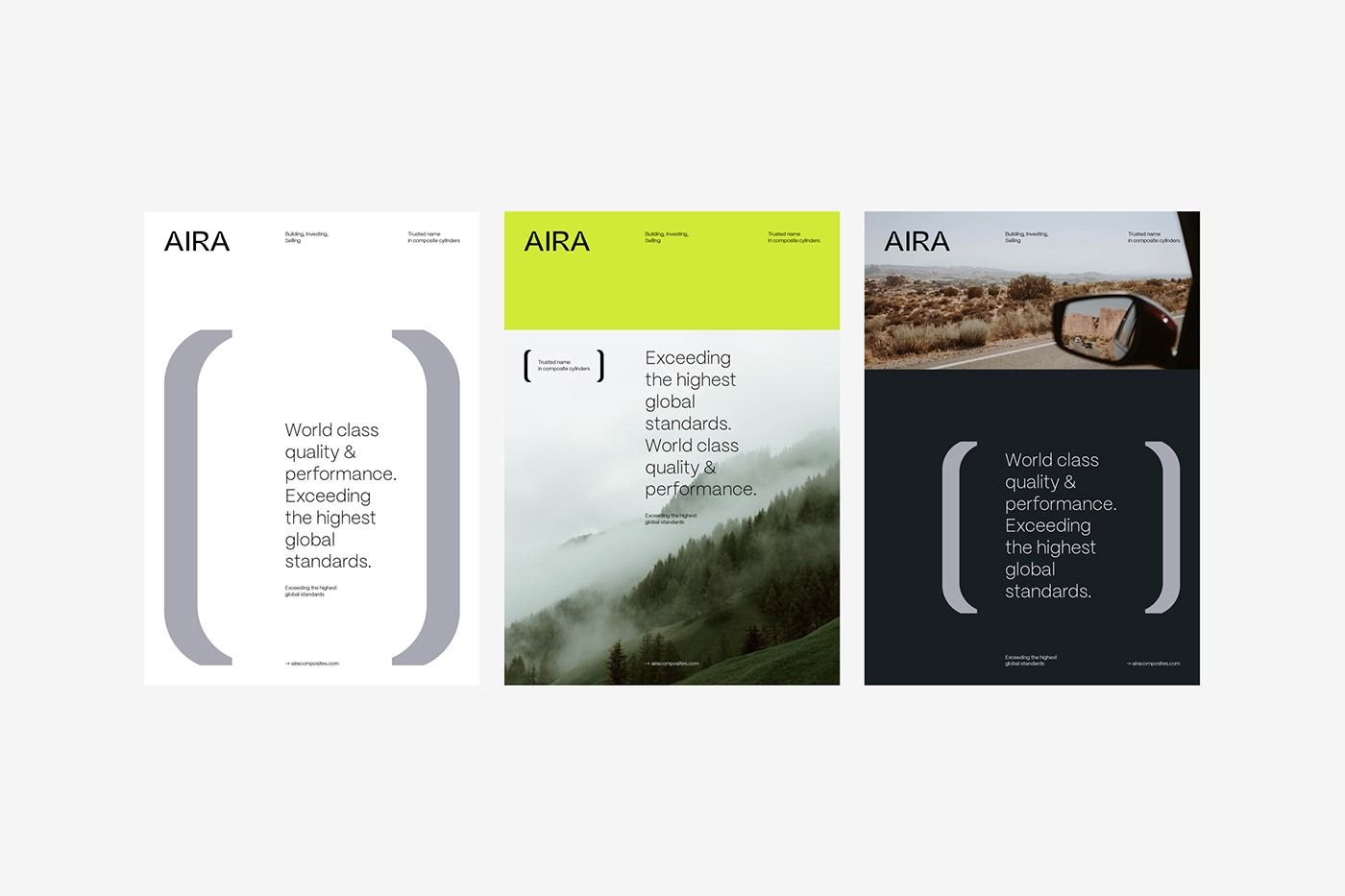 The image displays a clean, minimalist presentation of three distinct but related brand concepts ('AIRA') using a monochromatic and nature-inspired palette. The design emphasizes whitespace, subtle gradients, and high-quality photography to convey a sense of premium, global standards.