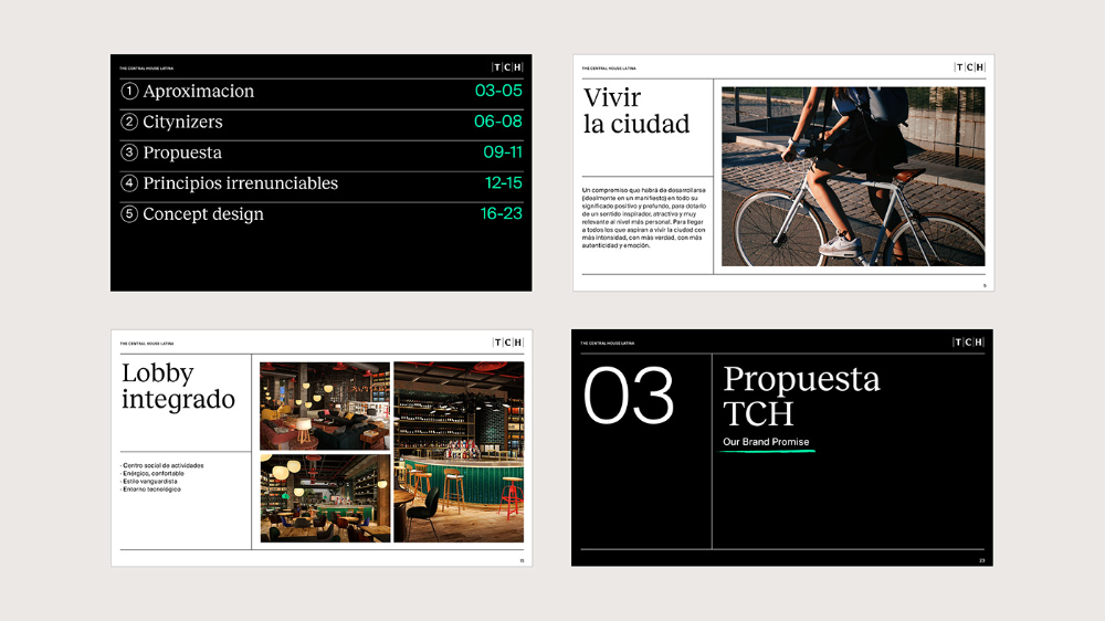 The slides employ a highly structured, minimalist design focused on conveying complex information through a combination of clean typography and evocative photographic elements. The visual language is professional and academic, utilizing high contrast to ensure clarity and a sense of organized depth.