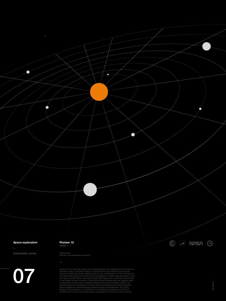 This is a minimalist, high-contrast radial graphic evoking the structure of a star map or planetary orbit, strongly referencing themes of space exploration. The design uses stark geometry and negative space to create a sense of depth and historical significance.