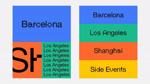 This design uses a blocky, layered approach with distinct color fields to categorize information. The visual language is clean and functional, relying on strong color blocking for immediate differentiation between locations and events.