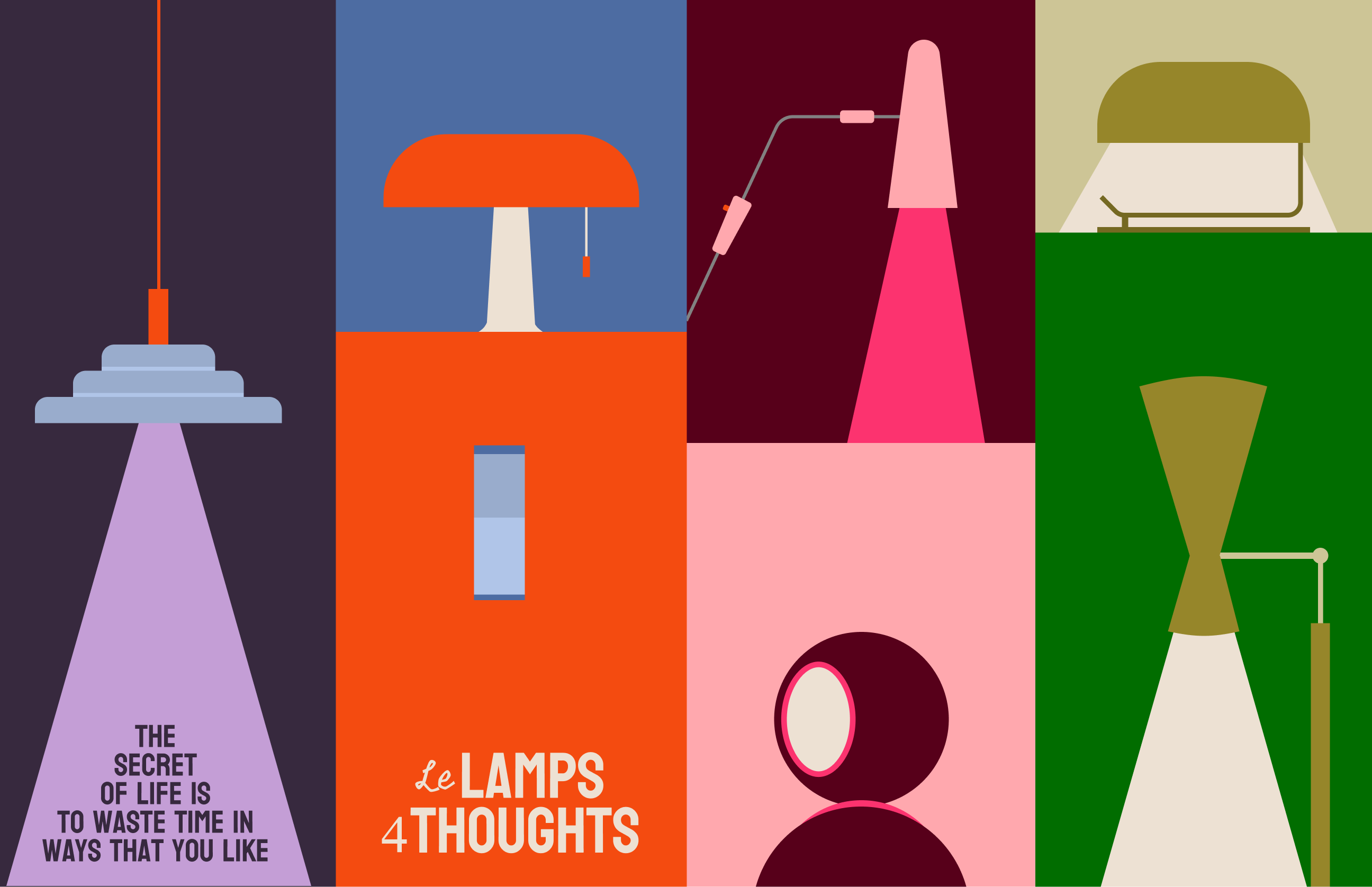 This design utilizes a clean, modern flat graphic style to present five distinct concepts within a vertical grid. The visual language relies on bold color blocking and simple geometric shapes to create a cohesive yet varied set of illustrations. The overall feel is playful, structured, and visually engaging.