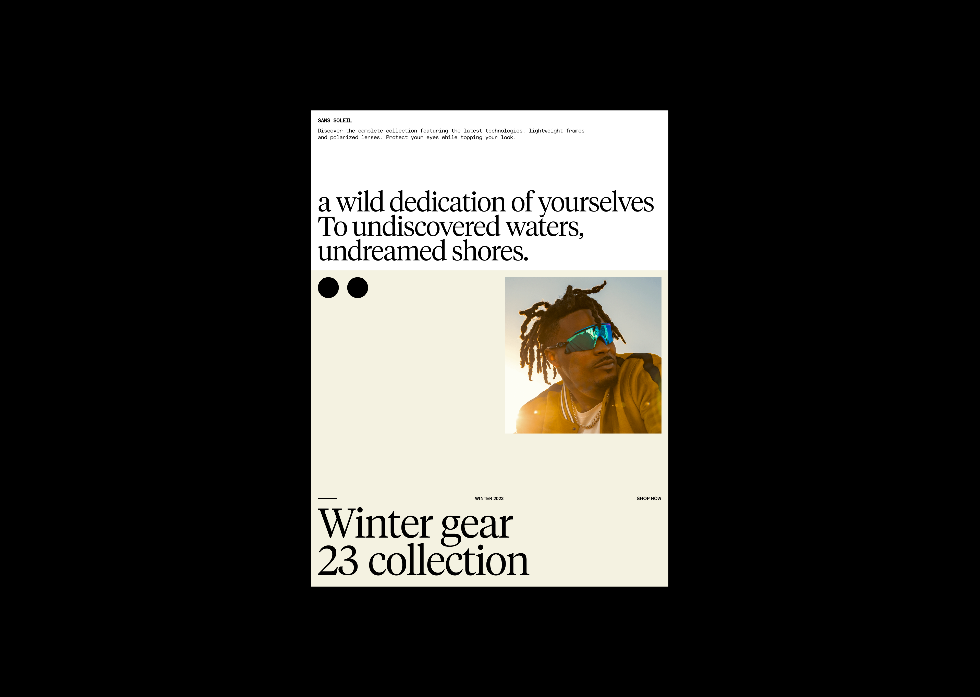 This design employs a minimalist, editorial style, using high-contrast black and white space to create a sophisticated and premium feel. The layout effectively balances large blocks of persuasive text with an emotive, warm-toned photograph to promote a seasonal collection.