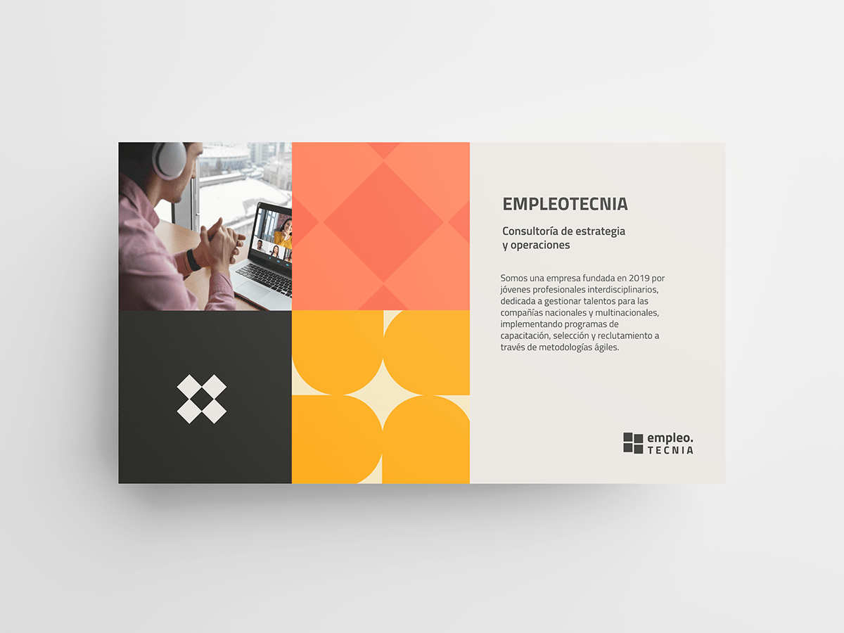 The design is clean, modern, and professional, utilizing a strong contrast between dark neutrals and warm, energetic orange accents. The composition is balanced, using geometric shapes to create visual interest while maintaining a corporate and approachable feel.