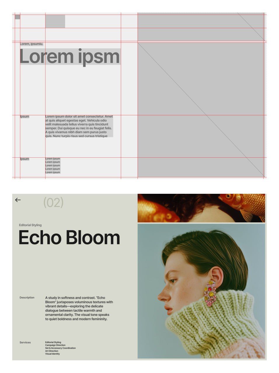 This image presents a clean, minimalist layout contrasting stark white space with subtle gray lines and a photographic element. The design balances structured information presentation with organic, high-quality imagery to convey sophistication and clarity.