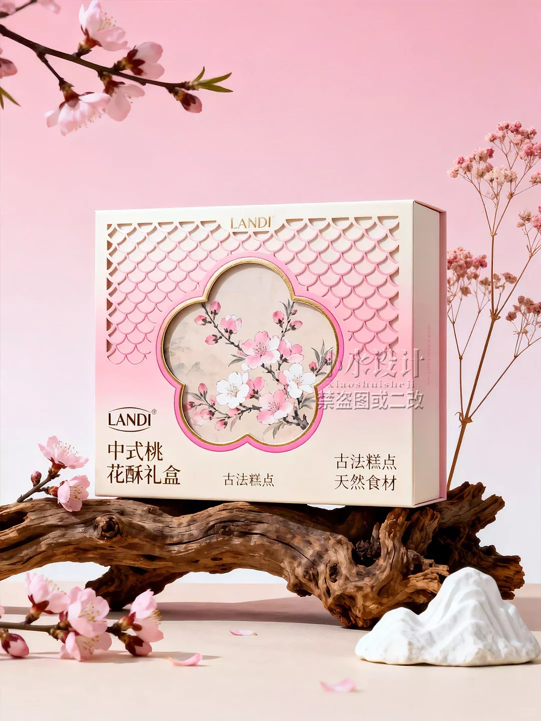 The image features a delicate, light pink product box with intricate floral embossing set against a soft pink background. The design evokes a sense of traditional beauty, femininity, and natural elegance through subtle textures and soft color transitions.