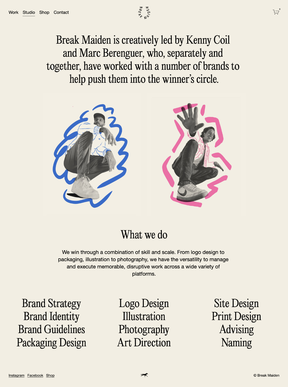 The design is clean, minimalist, and professional, utilizing simple line drawings to represent the individuals and their work. The visual language is understated yet conveys a sense of creative partnership and focused expertise.