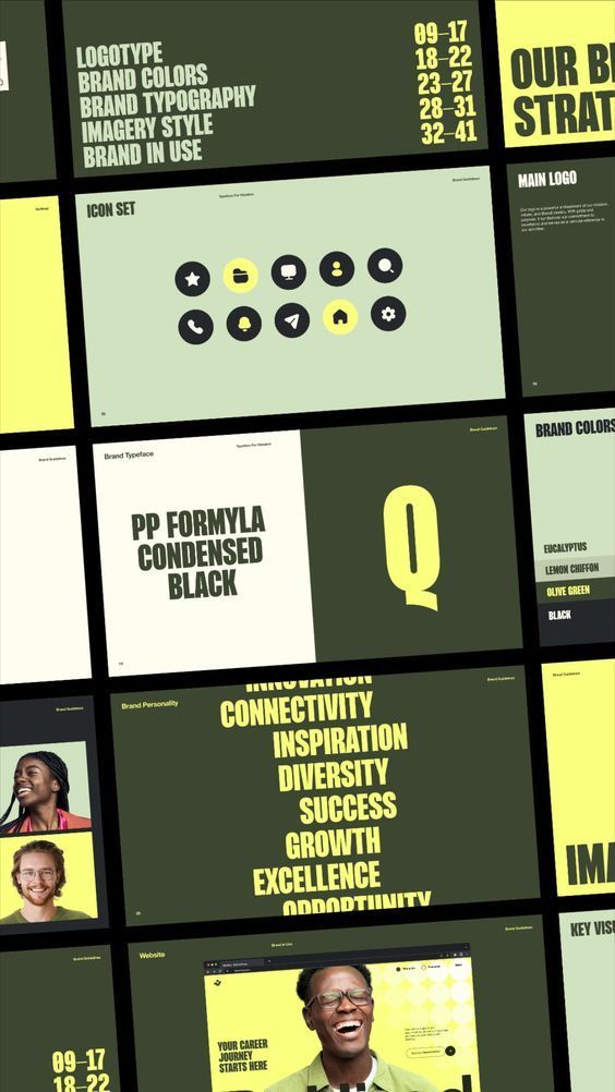 A modern brand guidelines or design system presentation featuring a bold two-color palette of deep olive green and bright yellow. The layout showcases typography, color specifications, imagery, and brand values through a grid-based modular system with clear hierarchical organization.