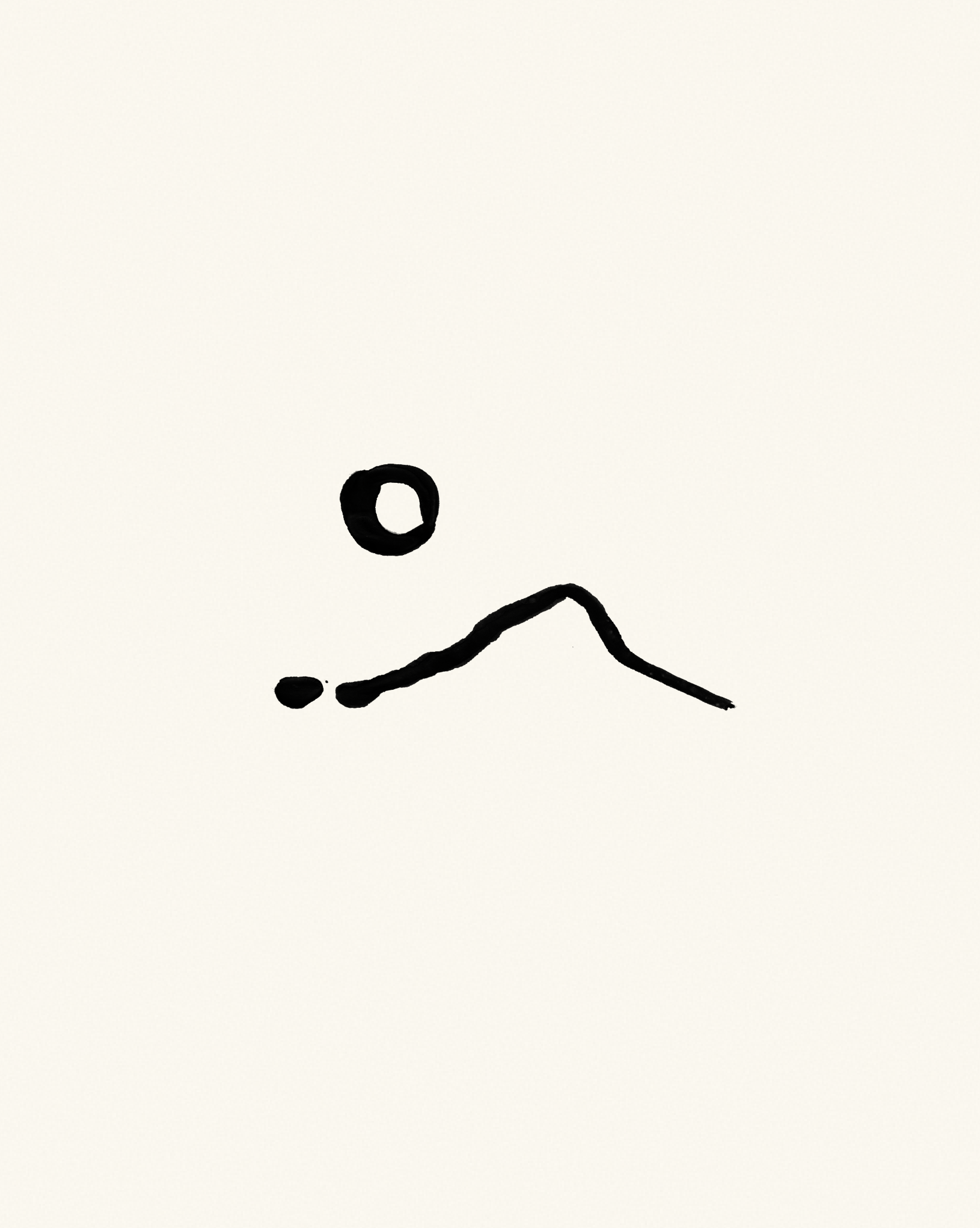 This is a minimalist graphic mark characterized by a simple circle followed by an expressive, hand-drawn curve suggesting a subtle smile or smirk. The design relies heavily on negative space and the raw quality of the line work to convey a quiet, playful emotion.