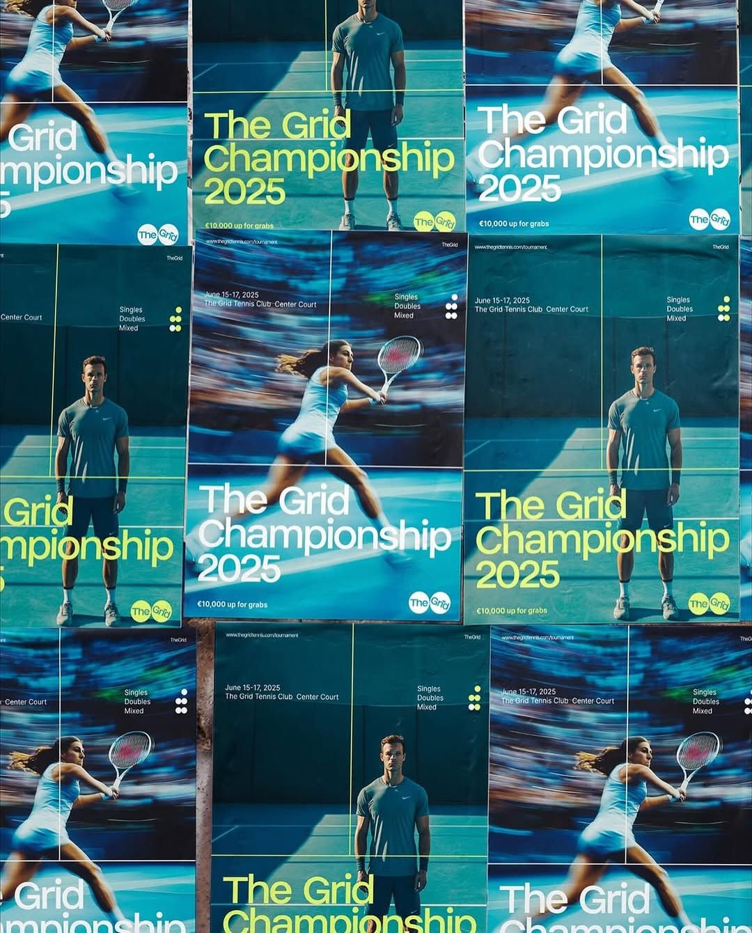 A dynamic sports marketing campaign for 'The Grid Championship 2025' featuring a grid layout of repeated poster variations with tennis imagery and motion blur effects. The design employs a modern, tech-forward aesthetic with vibrant cyan and teal overlays that create a sense of speed and energy across the composition.