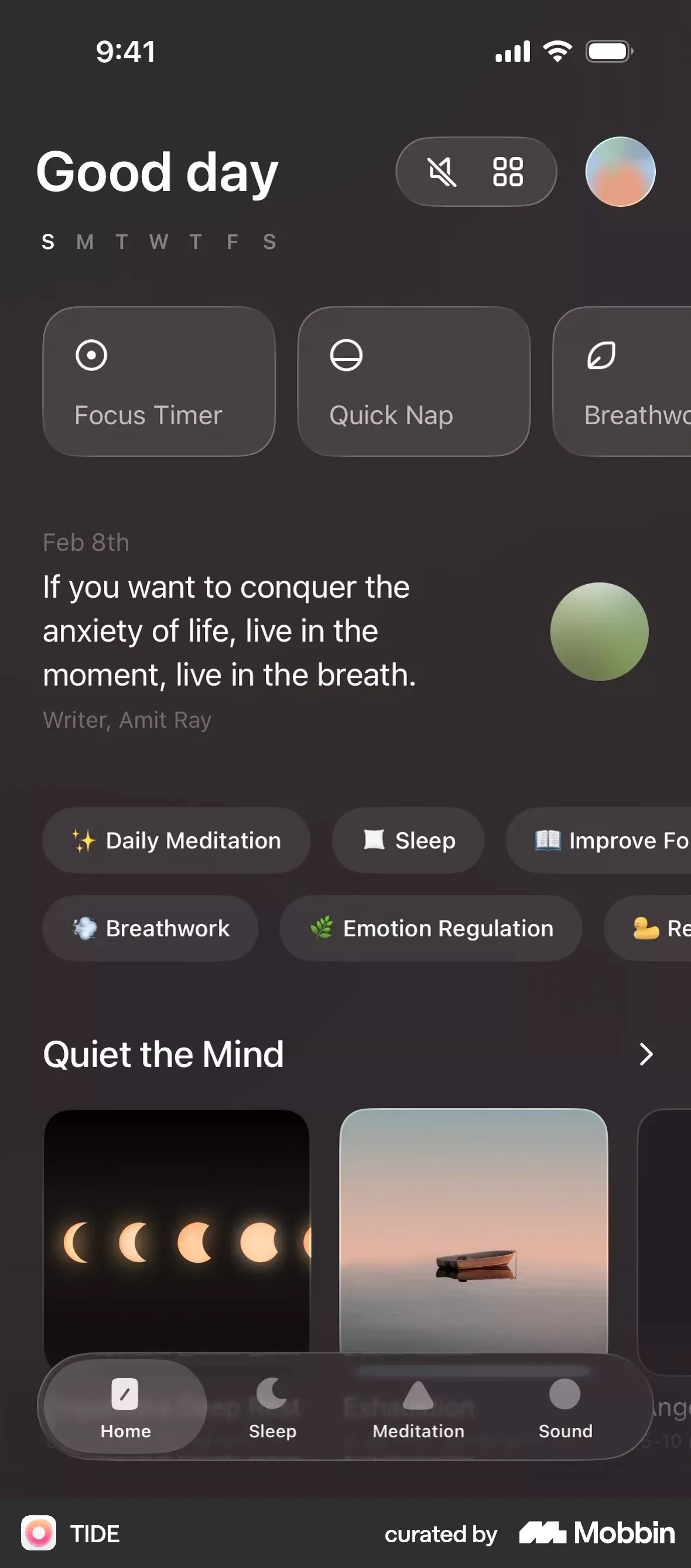 This screen showcases a highly functional and serene user interface designed for mental wellness, utilizing a dark mode aesthetic to promote calm. The visual language relies on soft gradients and clear iconography to guide the user through various meditation and focus tools. The overall feel is modern, therapeutic, and deeply focused on mindfulness.