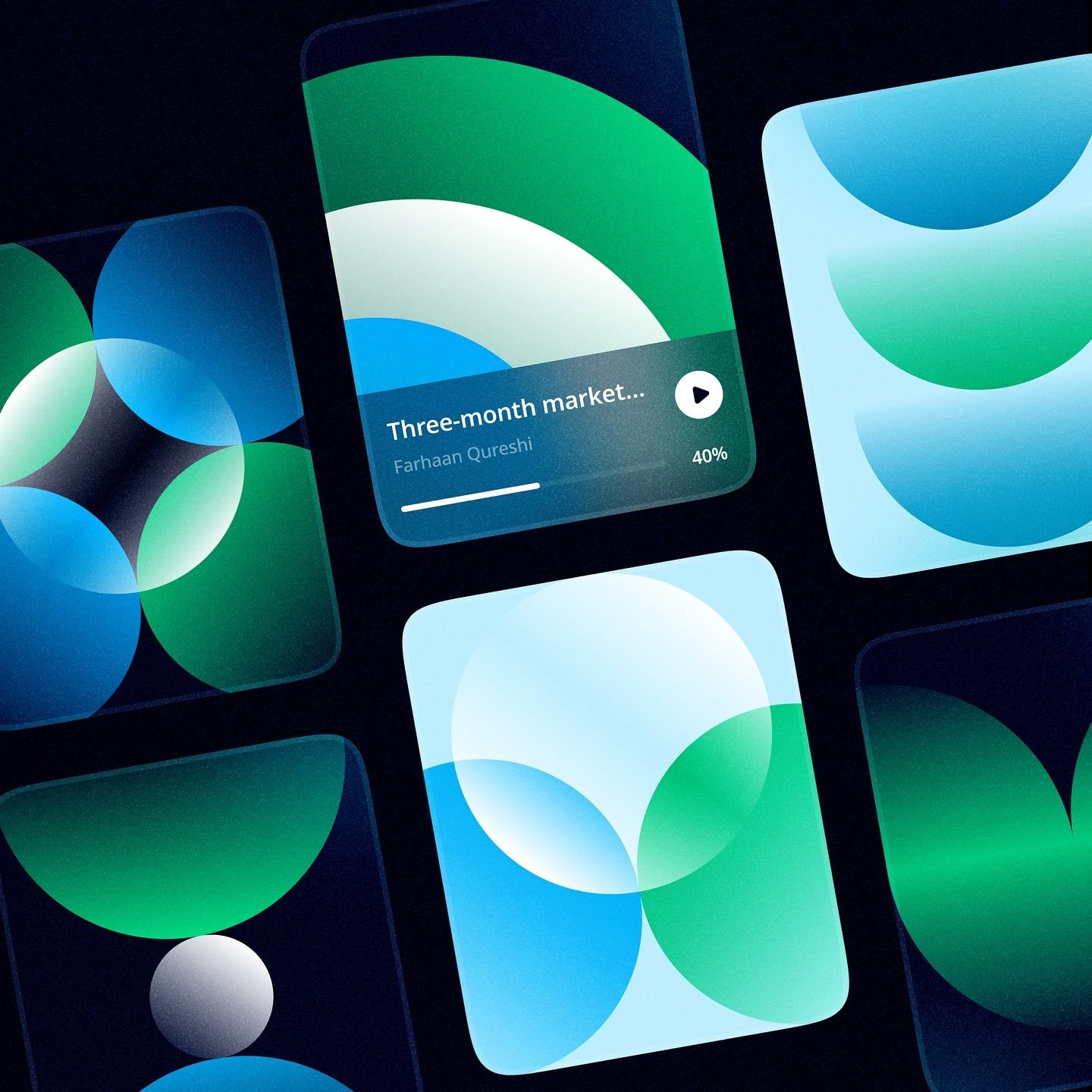 The image displays a modern, clean user interface design characterized by vibrant, overlapping circular shapes and a strong use of contrasting greens and blues against a dark background. The visual language is fluid and organic, suggesting data visualization or a modern application.