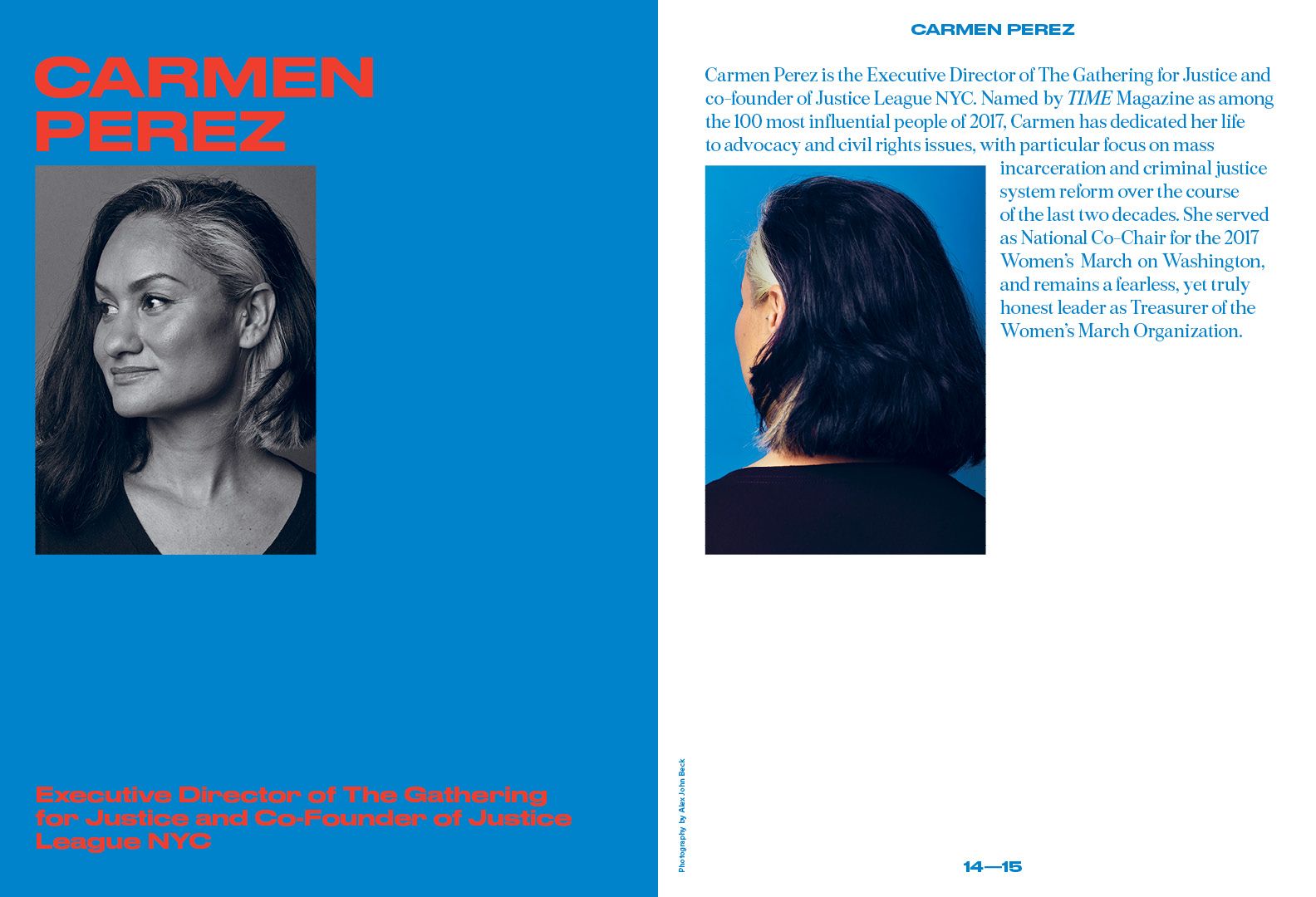 A bold, modernist biographical layout featuring Carmen Perez with striking color contrast between vibrant blue and white sections. The design employs a clean grid system with asymmetrical composition, combining portrait photography with sans-serif typography and minimal text hierarchy.