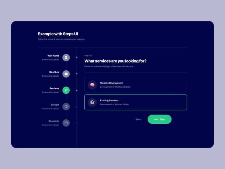 This screen demonstrates a clean, professional step-by-step onboarding interface utilizing a dark theme for high contrast and focus. The design emphasizes clarity and guided user experience through clear sectioning and simple interactive elements.