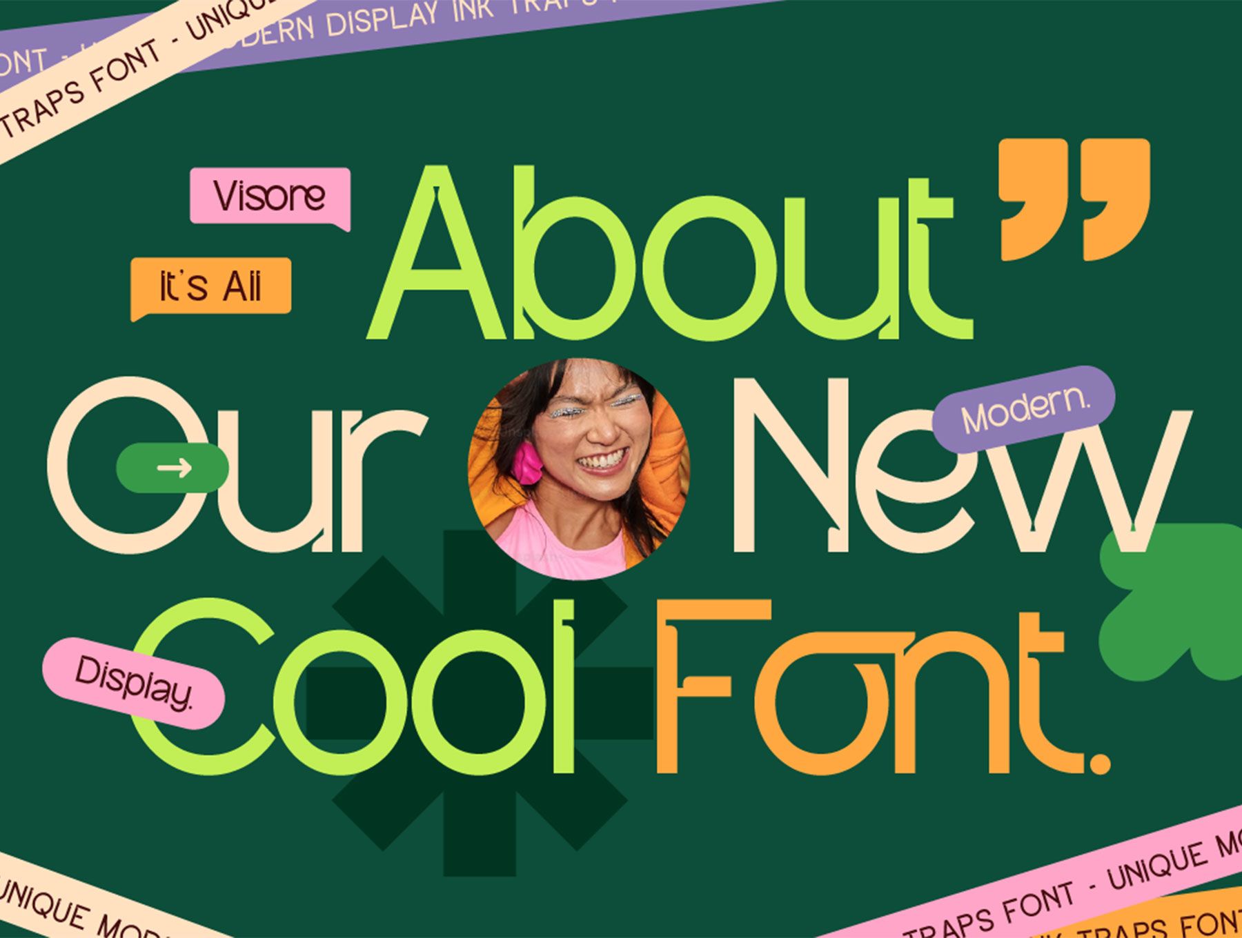 This is a vibrant, modern promotional graphic announcing a new font. It uses bold, contrasting colors and clean typography to create an energetic and professional feel, effectively drawing attention to the key message.