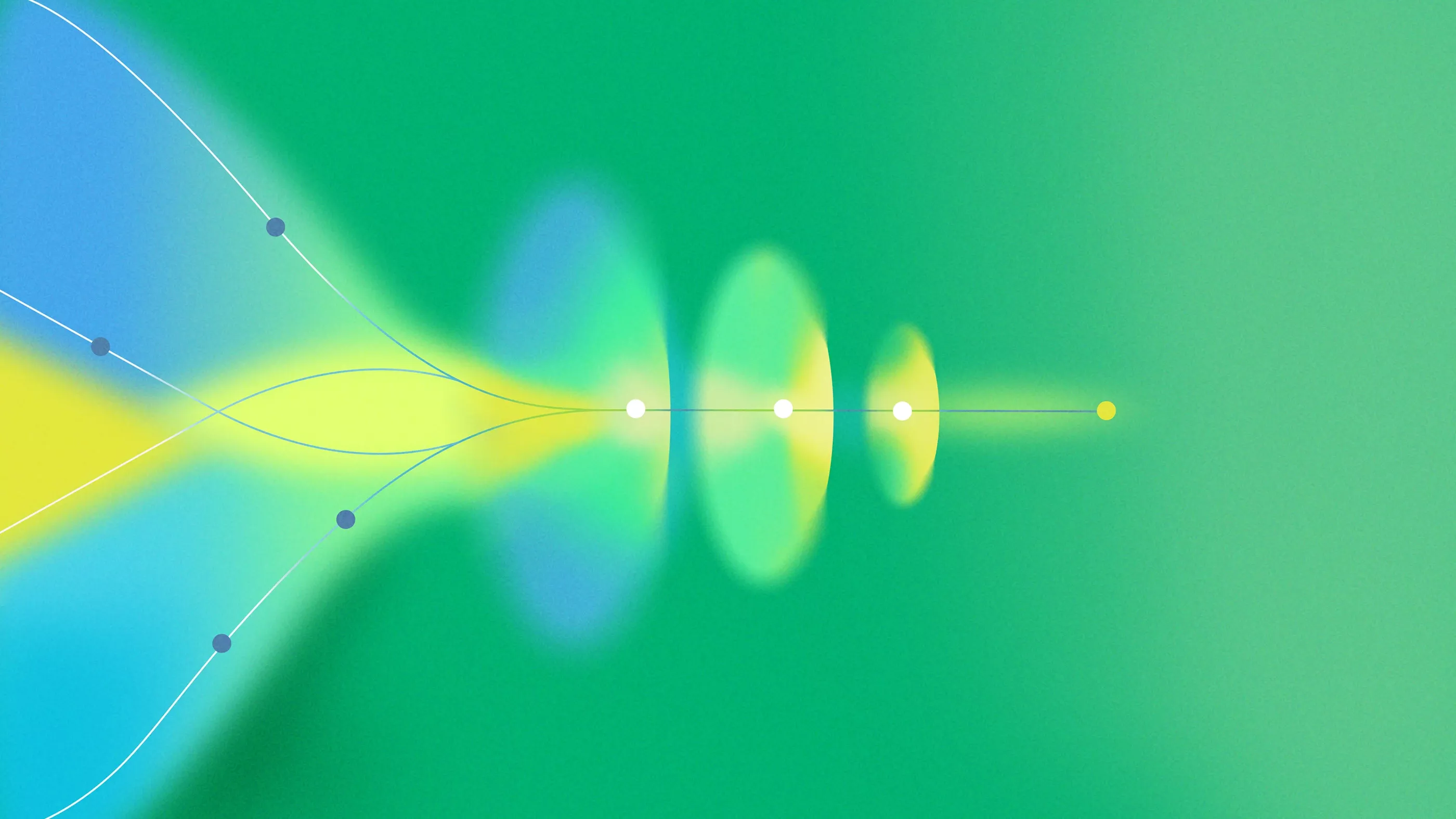 This image presents an abstract, luminous visualization characterized by soft gradients and glowing lines against a deep green background. The design suggests concepts related to data flow, energy, or connectivity due to the radiating lines and focused light sources.