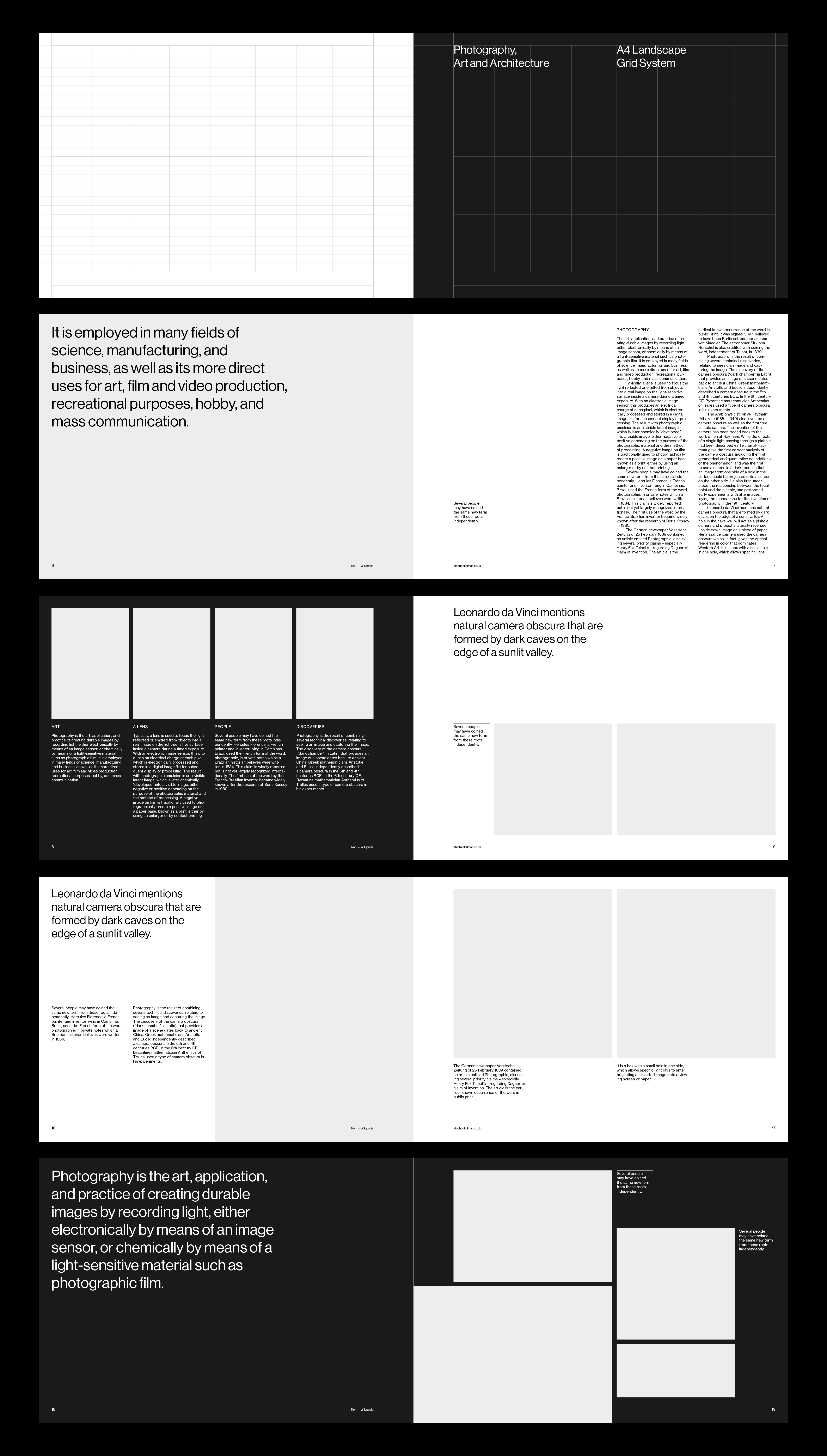 A sophisticated editorial design system featuring a minimalist black and white palette with generous whitespace and modular grid layouts. The design demonstrates a contemporary approach to information hierarchy through strategic use of typography, negative space, and geometric composition. This appears to be a design system or portfolio presentation showcasing multiple layout variations and content arrangements.