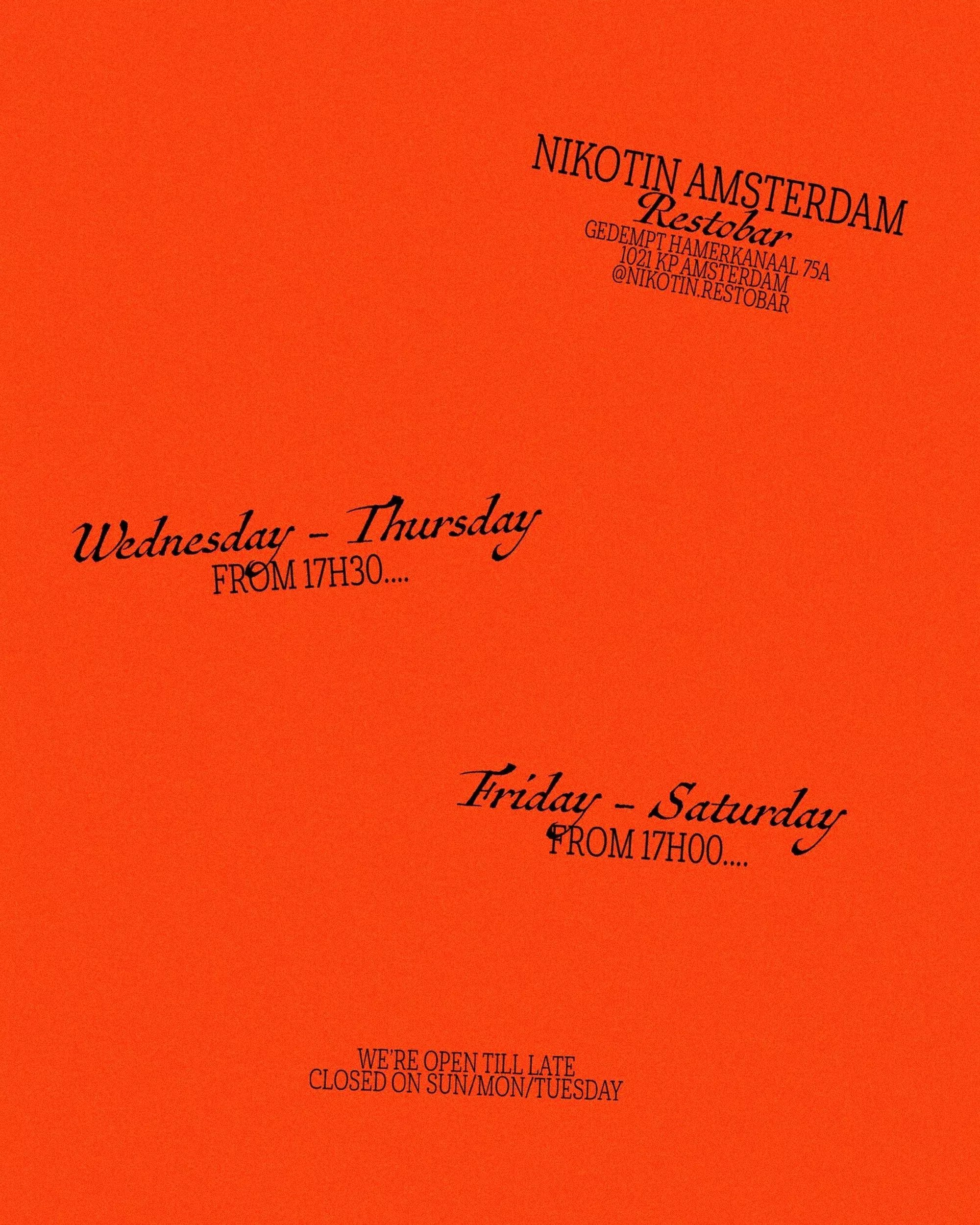 This design utilizes a strong, high-contrast aesthetic with warm orange tones and clean typography to create an energetic yet modern mood. The layout is minimalist and structured, effectively guiding the viewer through the opening days and times with clear visual hierarchy.